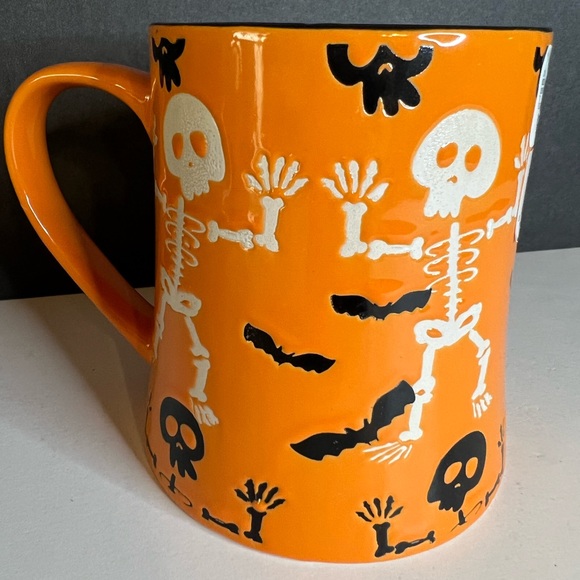 Halloween Ceramic Happy Boo Orange Mug Skeletons Bats Black White - Picture 5 of 6